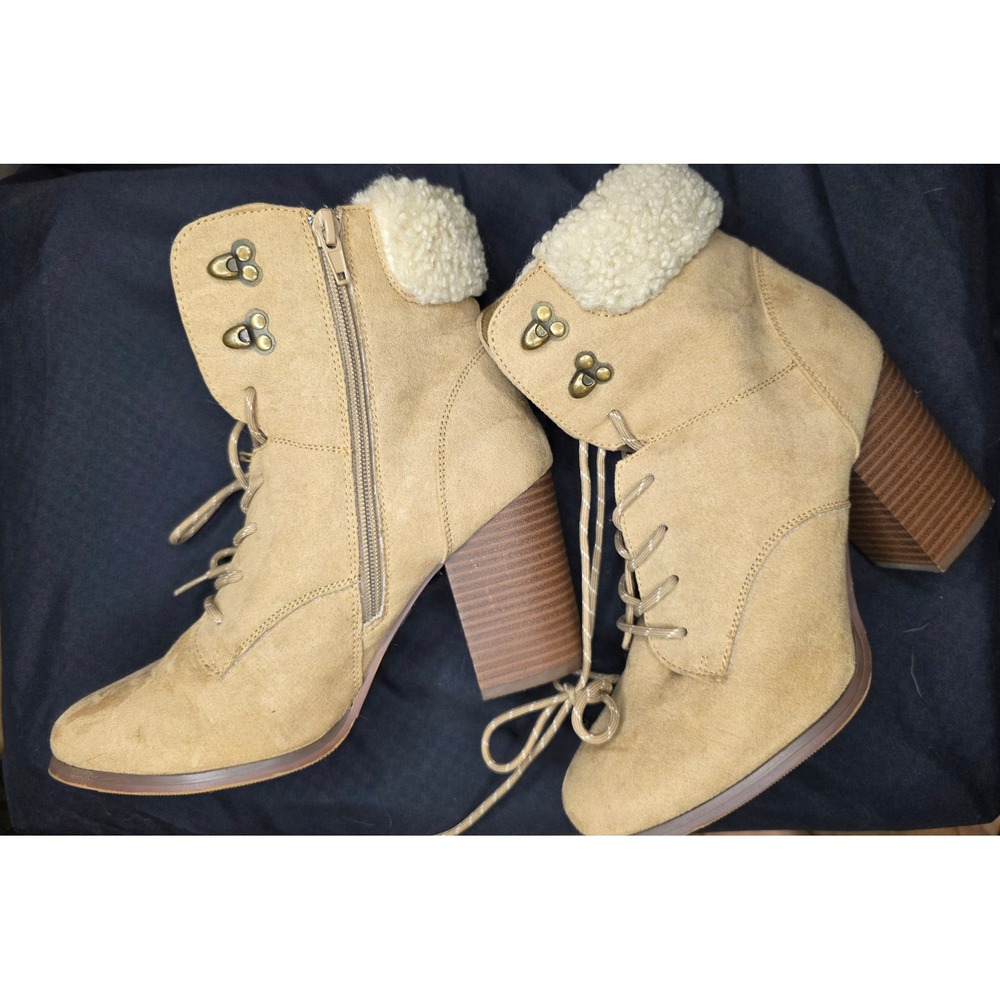 XOXO Women's Tan Lace Up Faux Suede Sherpa Lined Block Heel Boots 8